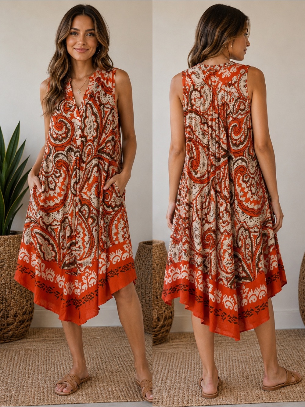 Seven Islands Sleeveless Orange Paisley High-Low Dress